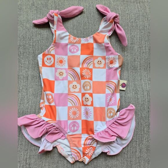 Cheeky Plum Retro Checkered Swimsuit Baby 6-12 Months Ruffled Orange And Pink - Picture 1 of 8